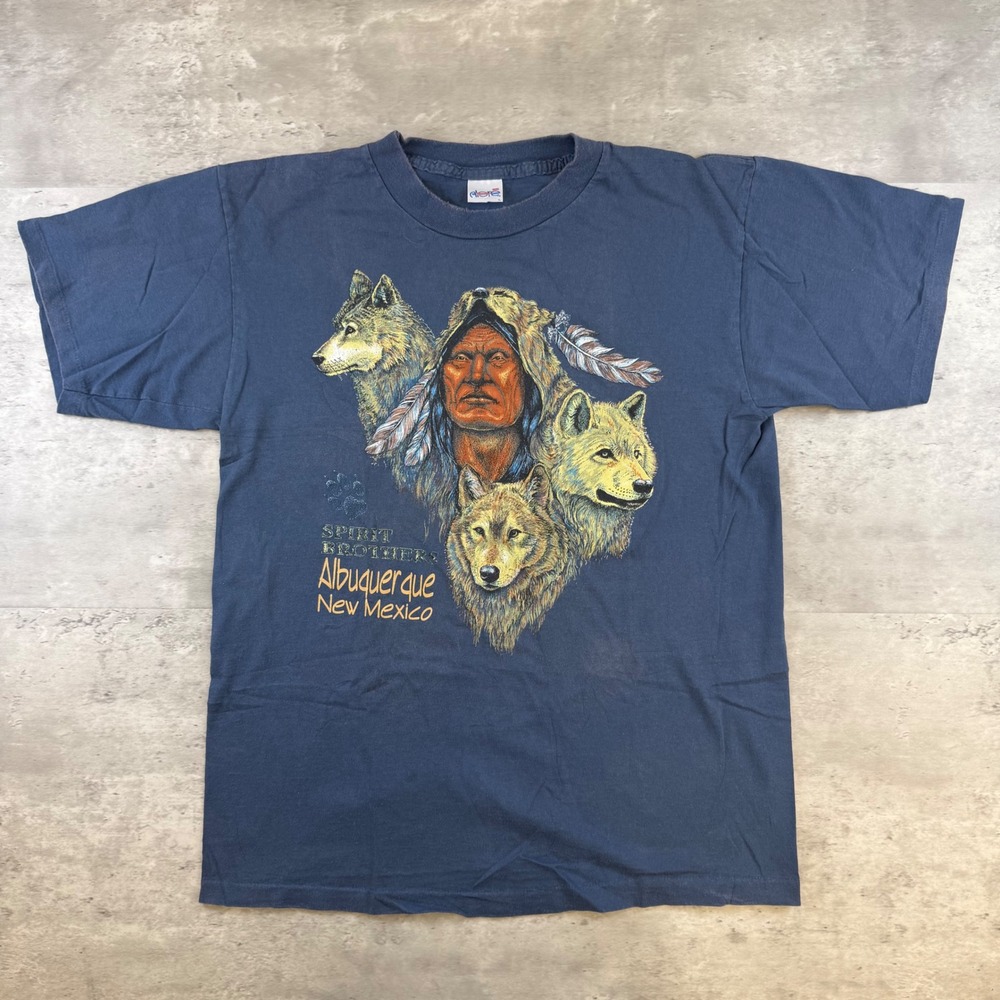Vintage Alore Spirit Brothers Albuquerque New Mexico Wolf T-Shirt Mens L Navy